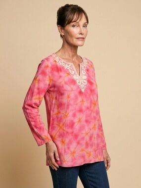 J. Jill - Tie-Dye Tunic – Pink & Orange with Embroidered Neckline - Size Small